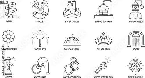 Collection of outline icons representing water park attractions and features Keywords: water slide, water park, splash pad, water cannon