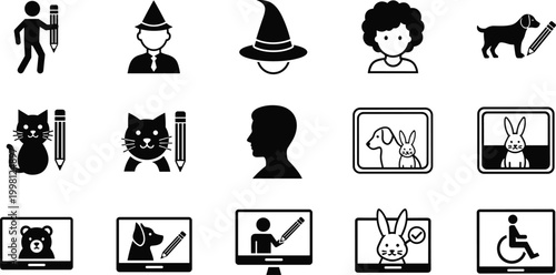Creative icon set featuring avatars, animals, drawing tools, screens, and accessibility symbols in minimal black silhouette and outline vector illustration style