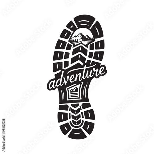 Black adventure hiking shoe sole print with mountain