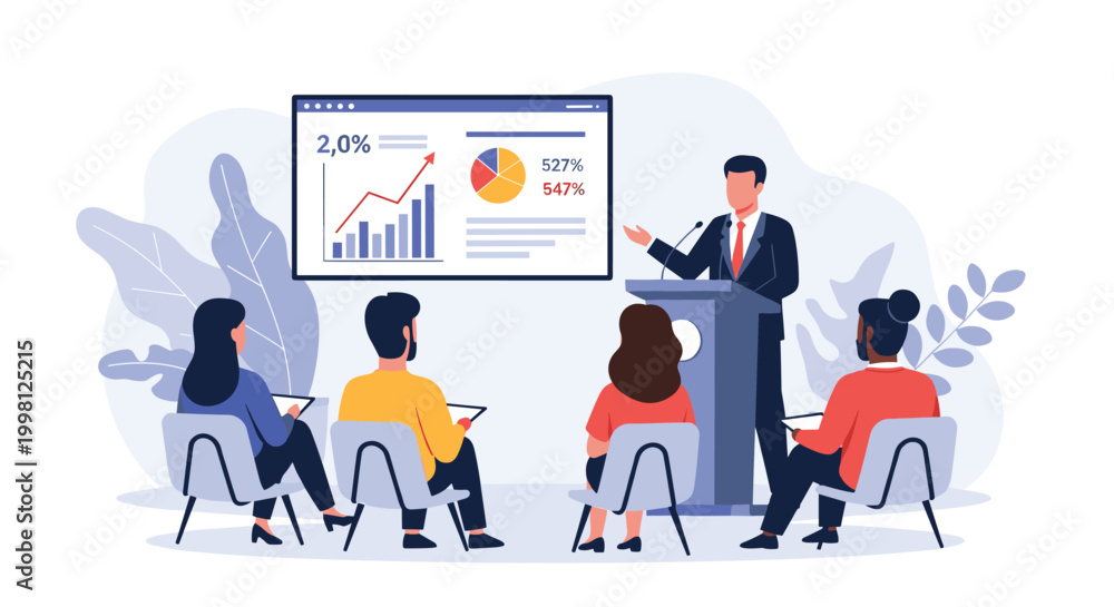 Fototapeta premium Business speaker giving a professional presentation with charts and data on a screen to a focused audience group.