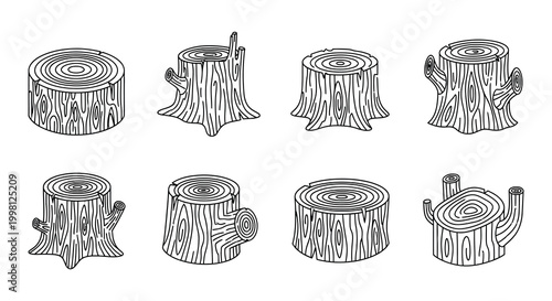 Line drawing of tree stumps various styles and perspectives