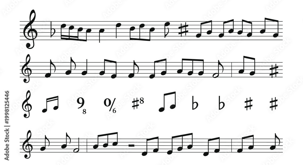 Fototapeta premium Sheet music segments featuring various musical notes, clefs, sharps, flats and rhythms on a classic five line staff background.
