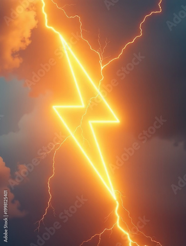 A bright lightning bolt illuminates the darkening sky as fluffy white clouds gather in the background