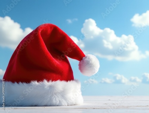 A Santa hat sits alone on a wooden table