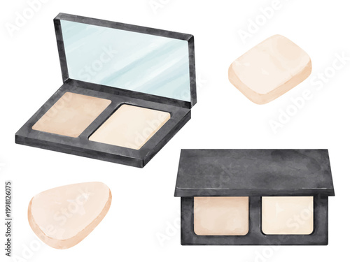 水彩画風のパウダーファンデ―ションとメイクスポンジのイラストセット