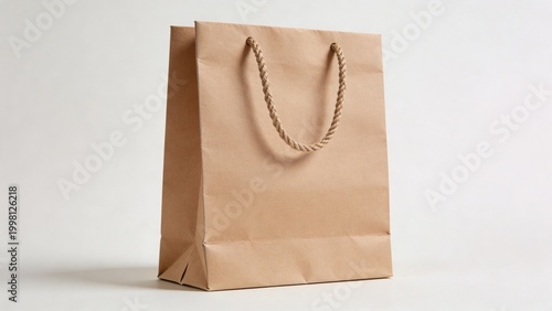  features a simple, minimalist style paper shopping bag with a natural, light brown color. The bag is upright, showcasing its rectangular shape with a flat base and two sturdy, twisted paper handles e