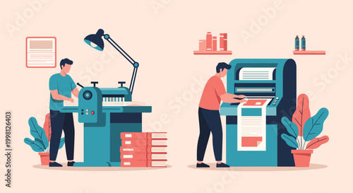 Two industrial workers operating various types of large-scale printing machines in a modern professional print shop.