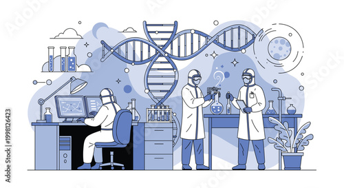 Team of researchers in white protective biohazard suits working in a laboratory with advanced equipment and a large DNA model.
