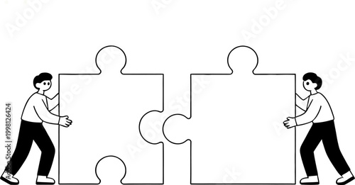 Two individuals connect puzzle pieces, symbolizing teamwork, partnership, and problem-solving in a collaborative effort