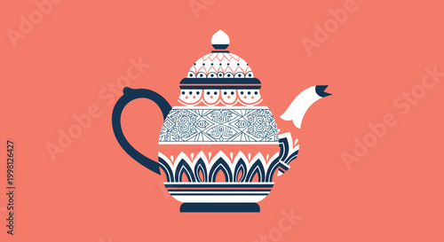 Traditional ornate ceramic teapot with intricate floral patterns sits on a warm coral background, perfect for tea time illustrations.