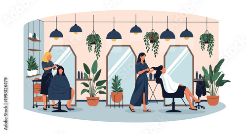 Modern hair salon interior features professional stylists working on clients amidst lush green plants and stylish pendant lighting.