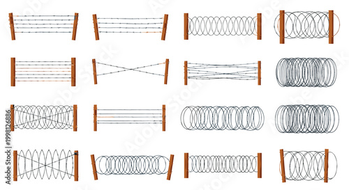 Collection of different types of barbed wire fences and razor wire coils for security and border protection on wooden posts over a white background.