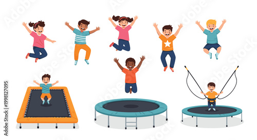 Group of happy children jumping and having fun on various types of trampolines including round and rectangular models in outdoor settings.