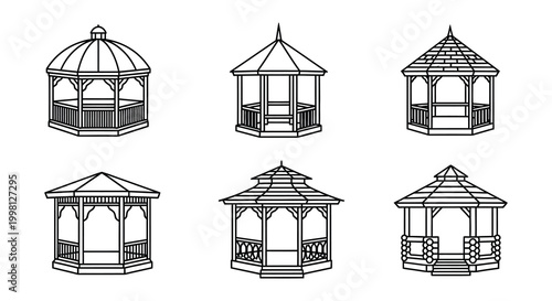 Cuadro en lienzo Gazebo line art set black and white vector illustration