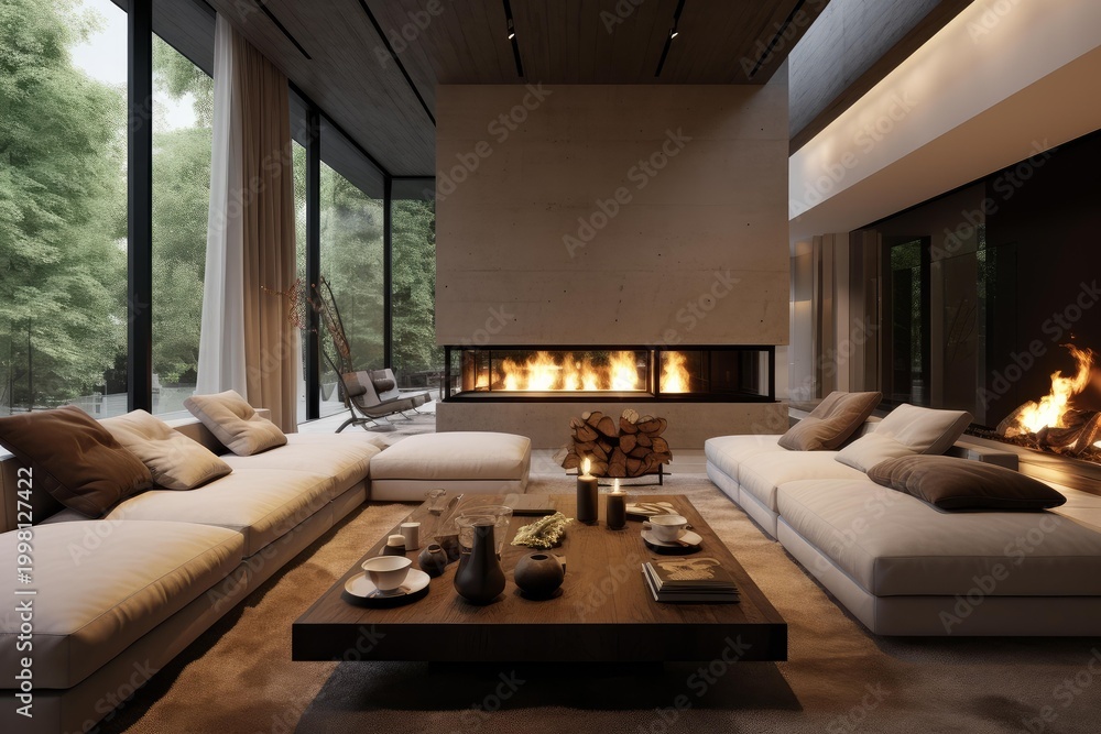 Fototapeta premium Minimalist interior design showcasing a luxurious living space with a large burning fireplace and jungle view