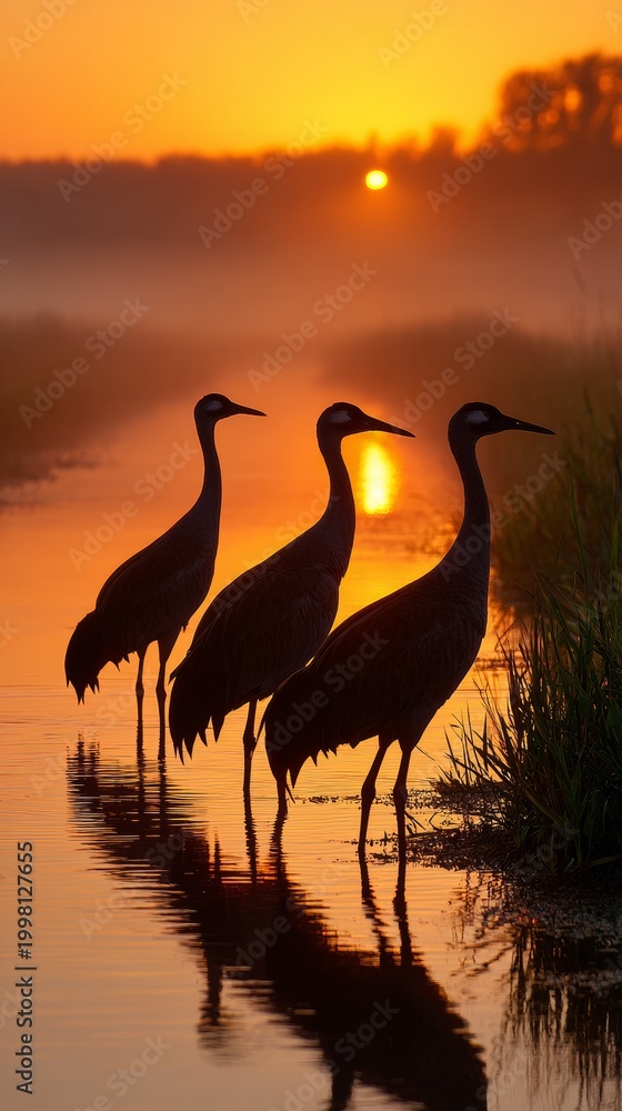 Obraz premium Cranes silhouette against a vibrant dawn sky