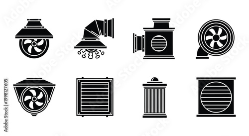 Air ventilation system icons set black silhouette on white background