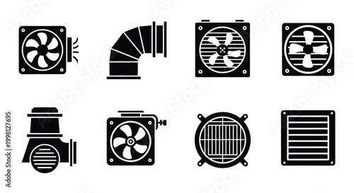 Air ventilation system icons set black silhouette on white background