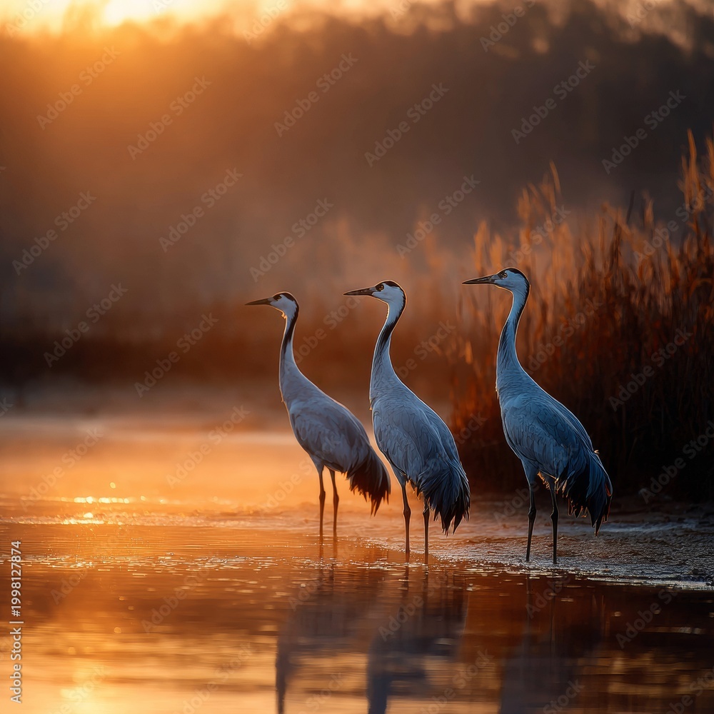 Obraz premium Graceful cranes gathering at dawn by glowing waters