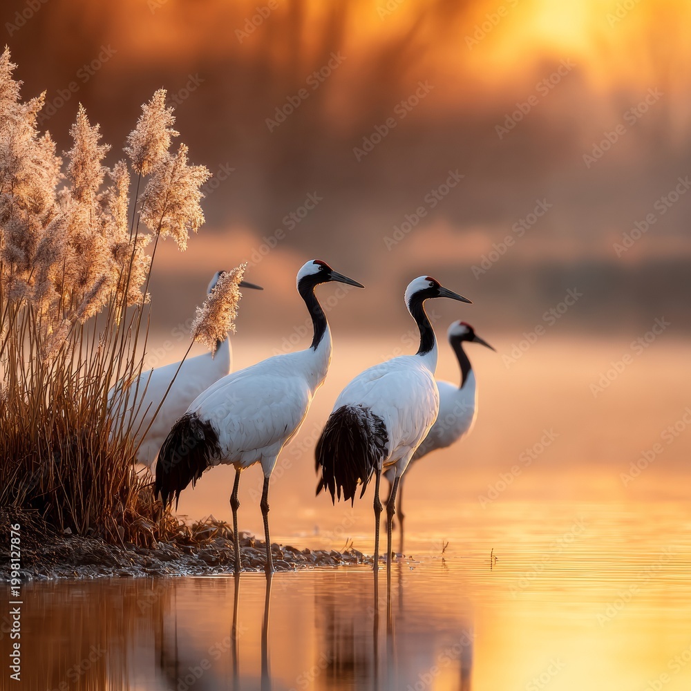 Fototapeta premium Elegant cranes gather by the tranquil waters at sunrise