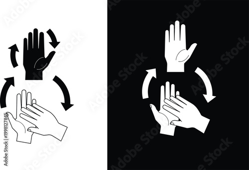 Hand hygiene and washing process icons showing step by step cleaning, sanitizing, rinse cycle, hygiene instruction, minimal vector illustration