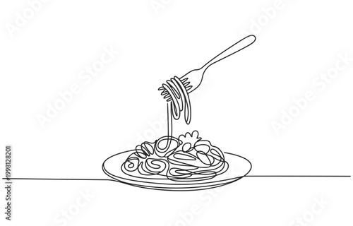 Spaghetti with fork and plate continuous line drawing line art single main course comfort food spaghetti restaurant minimalist illustration delicious homemade traditional appetizer
