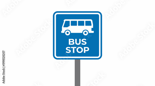 Blue bus stop sign with white bus icon and text indicating a public transportation stop