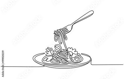 Spaghetti with parsley garnish fork and plate continuous line drawing line art single main course comfort food spaghetti restaurant minimalist illustration delicious homemade appetizer