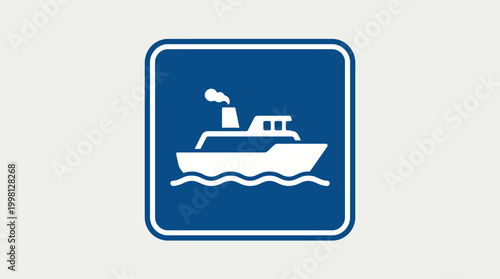 Ferry boat traveling on wavy water, public transportation sign