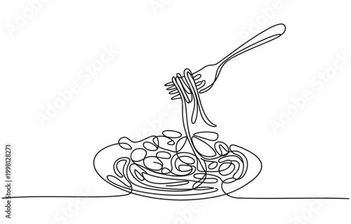 Spaghetti with tomatoes fork and plate continuous line drawing line art single main course comfort food spaghetti tomatoes restaurant minimalist illustration delicious homemade