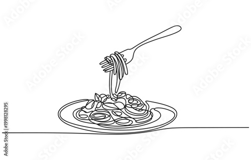Spaghetti with fork and plate continuous line drawing line art single main course comfort food spaghetti restaurant minimalist illustration delicious homemade traditional appetizer