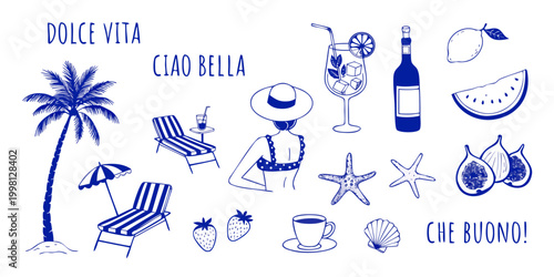 A blue hand-drawn illustration with an Italian summer theme, featuring phrases like "Dolce Vita," "Ciao Bella," and "Che Buono!" alongside beach elements a palm tree, lounge chairs, umbrella.
