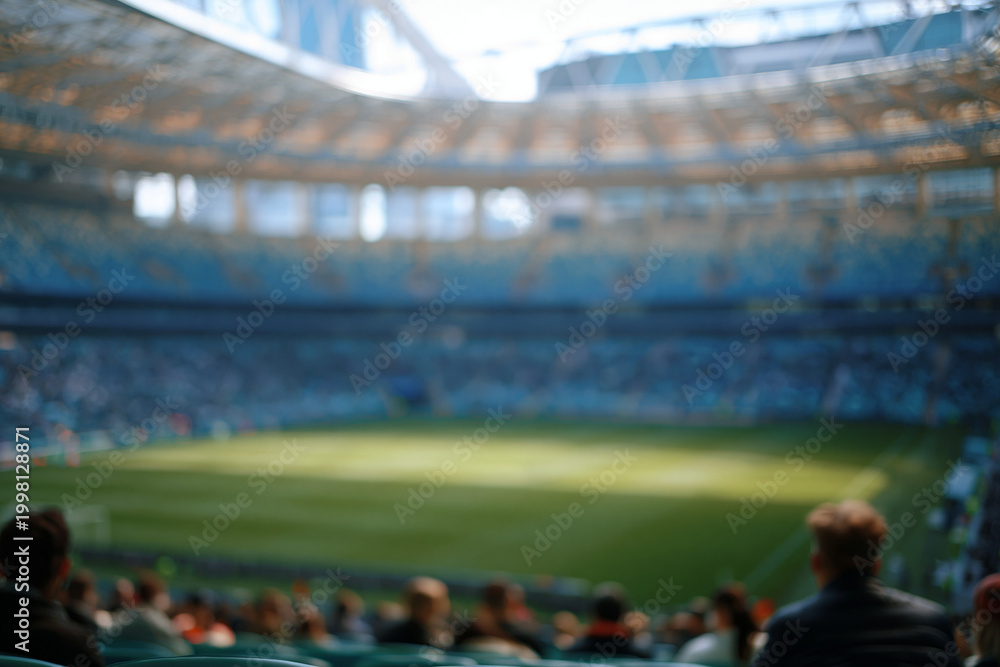 Fototapeta premium Football field grass close up with stadium seats in blur, sports concept, professional pitch surface texture with sunlight and shallow depth of field.