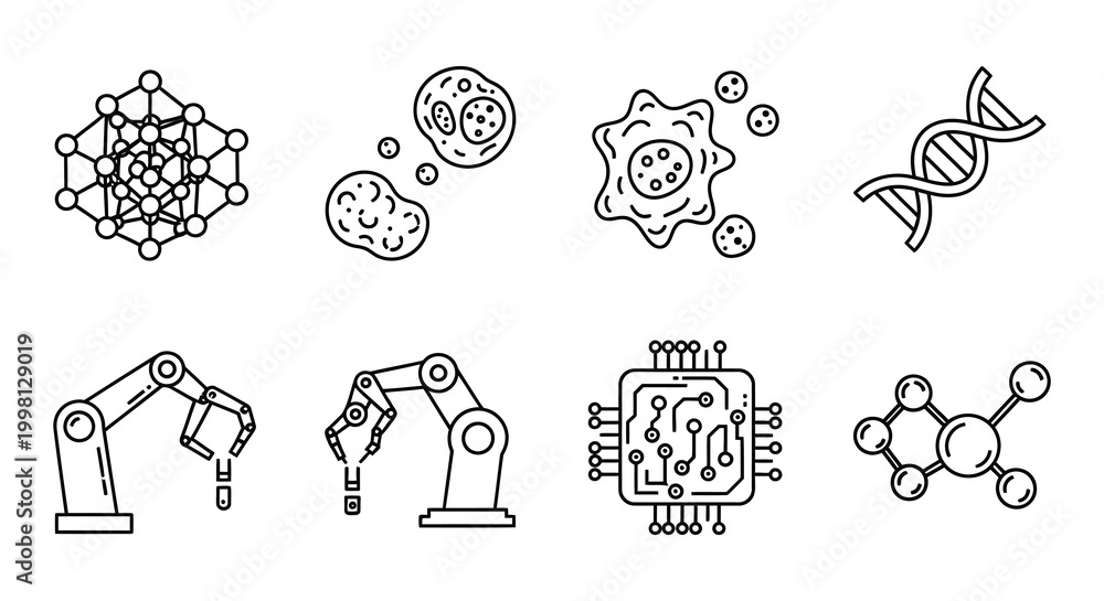 Fototapeta premium Flat vector icons set biology robotics and molecular structures