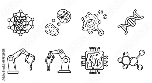 Flat vector icons set biology robotics and molecular structures