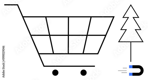 Holiday sales, consumer behavior, digital marketing, e-commerce, attraction, retail promotions. A shopping cart with magnet and tree graphic. Holiday sales and consumer behavior concept