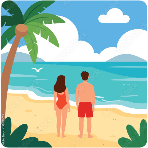 Couple standing on tropical beach looking at turquoise sea landscape.