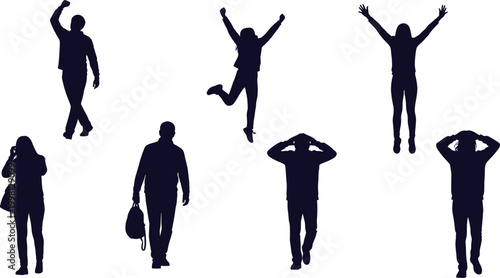 Human silhouette collection showing walking, jumping, celebrating, stress and casual lifestyle poses, diverse people actions in modern minimal vector style