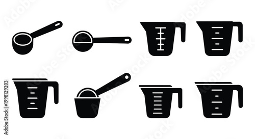 Black silhouette set of measuring cups and spoons on white background
