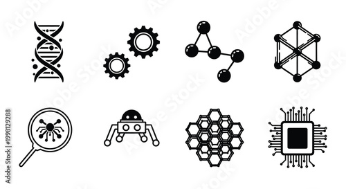 Flat vector icons set biology robotics and molecular structures