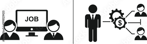 Job recruitment and business management icons showing hiring process, team structure, leadership, and financial workflow symbols for corporate, HR, and organizational concepts