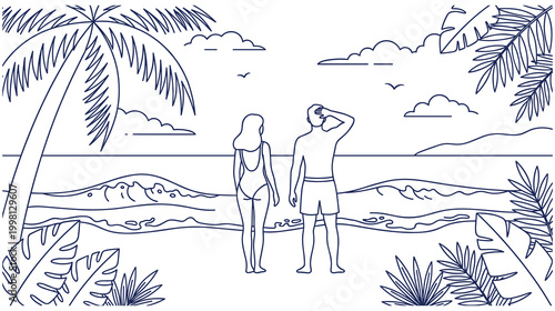 Couple standing together on beach looking at ocean view during summer vacation.