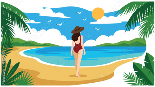 Woman in hat looking at beautiful beach and ocean view with clear sky.