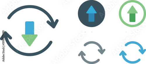 Modern flat arrow icon set, circular refresh and sync symbols, blue and green directional upload and download vector elements for UI design