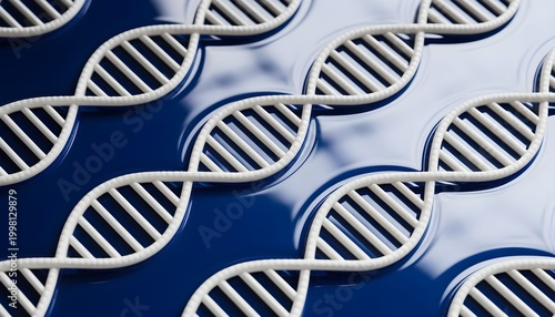 DNA strands shown on blue surface with a glossy finish highlighting their structure during a science presentation in a lab setting focused on genetics