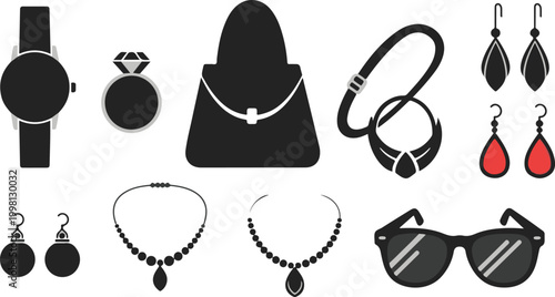 Fashion accessories vector icon set, luxury jewelry and beauty elements collection, black silhouette of handbag watch sunglasses and earrings