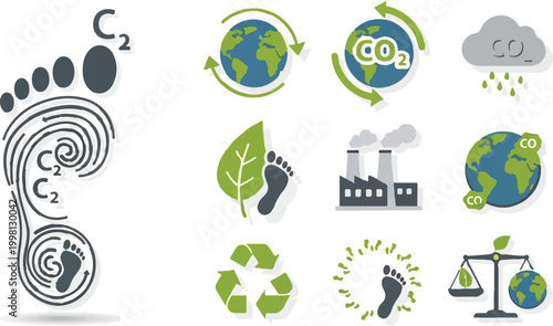 Carbon footprint icons and ecology symbols set, CO2 emission and global warming vector elements, environmental sustainability and recycling graphics