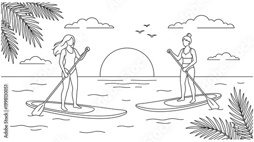 Two women paddleboarding on ocean during sunset enjoying water sport activity.