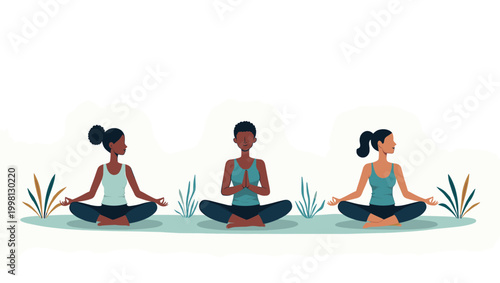 A serene illustration depicting a person meditating near a potted plant, evoking calmness and well-being. Ideal for wellness blogs, mindfulness apps, 