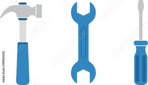 Professional hand tools set with hammer, wrench and screwdriver, blue construction equipment icons, industrial repair and maintenance vector